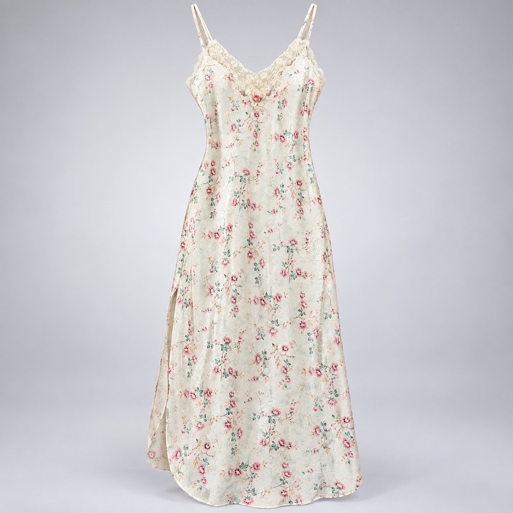 California Dynasty Nightgown Women Medium Cream Floral Vintage Cottagecore Lace